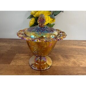 Vintage Indiana Glass Harvest Grape Carnival Glass Candy Dish Amber Compote